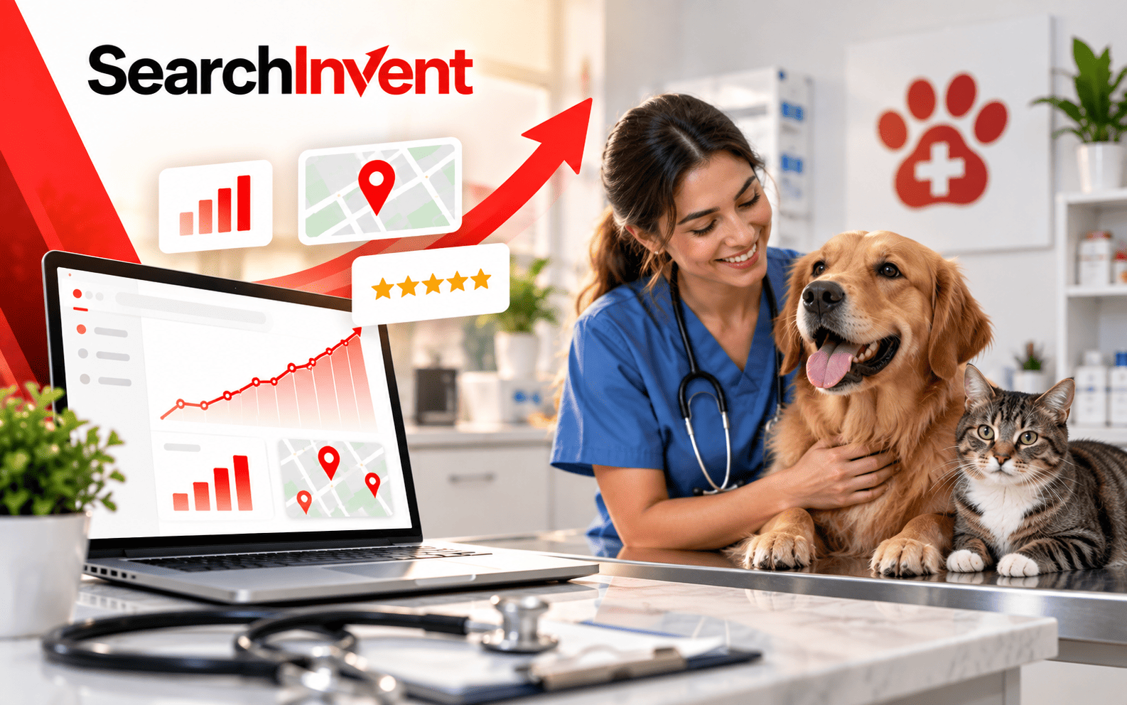Illustration for SearchInvent veterinary SEO services for vet clinics and animal hospitals