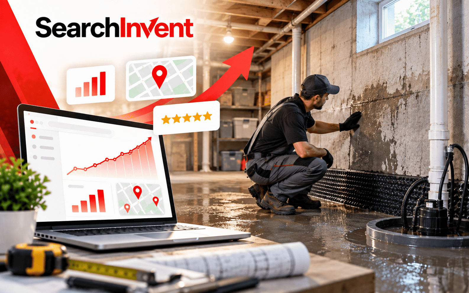 Illustration for SearchInvent basement waterproofing SEO services for waterproofing contractors